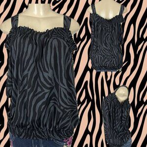 Rhapsody L Black Animal Print Shirred Neck & Hem Short Sleeve Cold-Shoulder Top